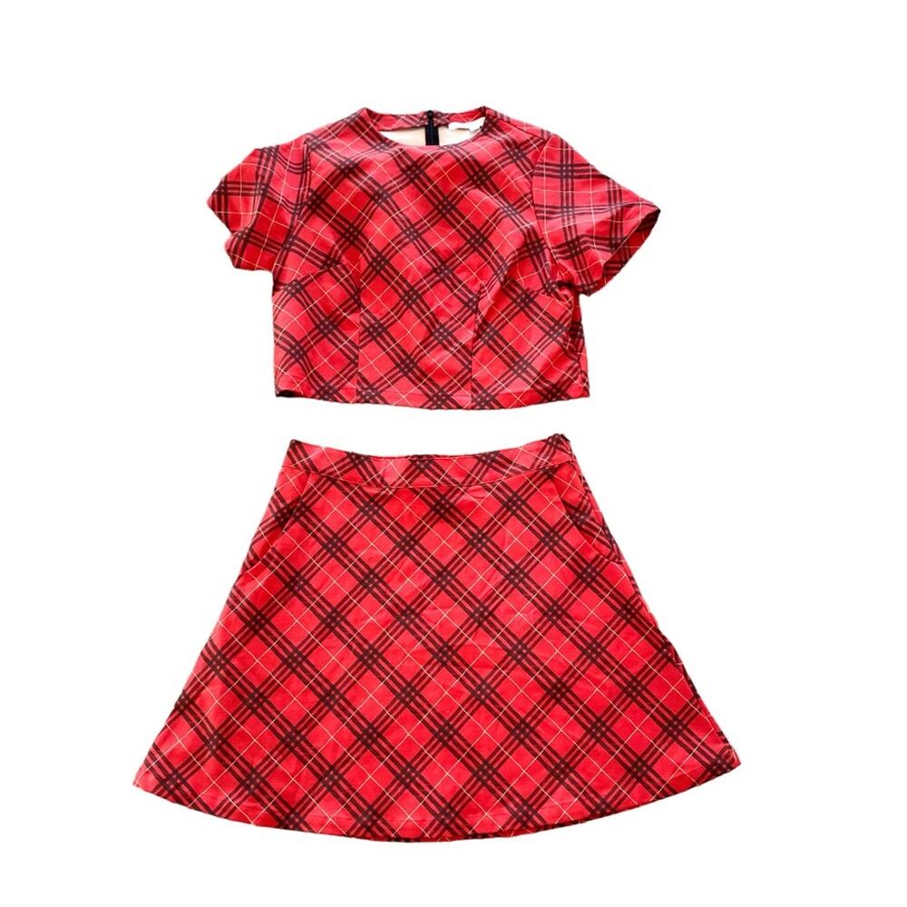 Tuesday Bassen Red Black Plaid Mini Skirt Set 2 Piece Stretch Cotton Size small